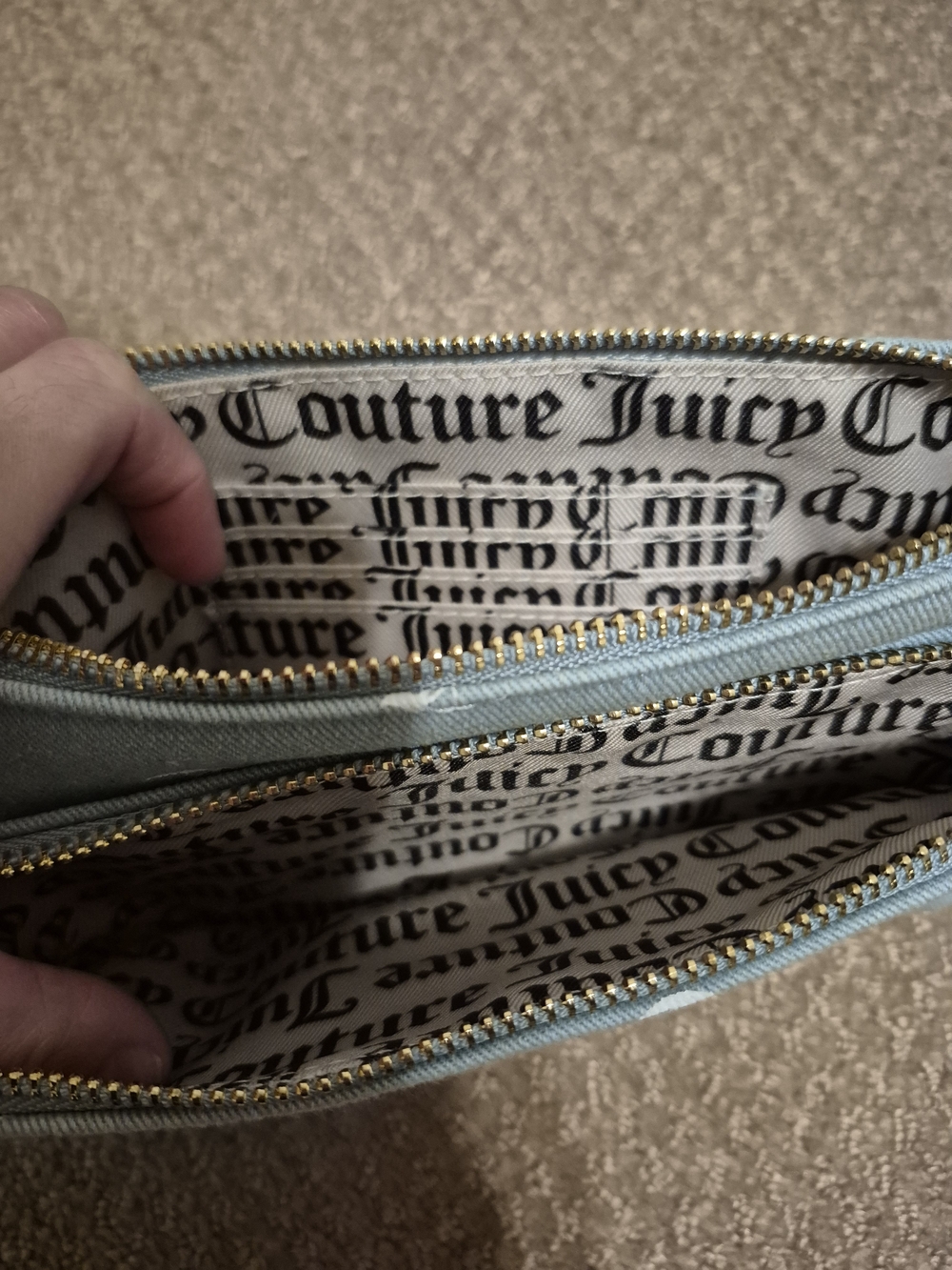 Juicy Couture Light Blue Denim Logo Wristlet with Strawberry Charm - Picture 2 of 2